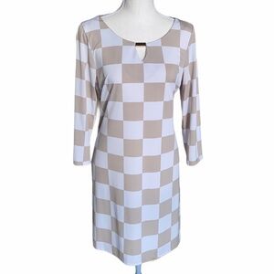 MSK Bold Block 3/4 Sleeve Tan/White Checkerboard Sheath Dress Size Medium